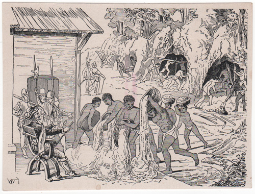 [natives pouring grain in front of Europeans]